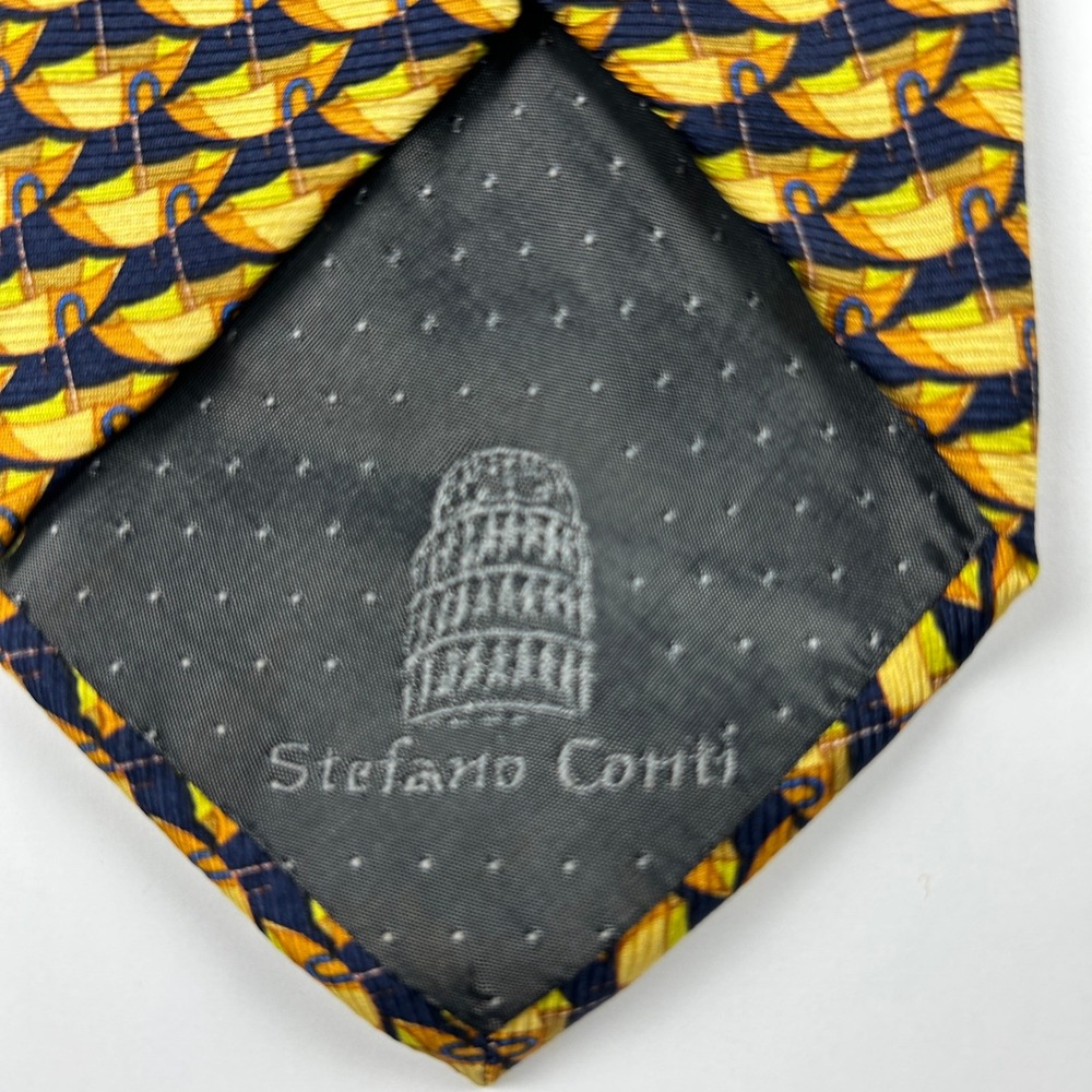 Stefano Conti Navy Yellow Umbrellas Novelty 100% Silk Tie Italy - Picture 4 of 8